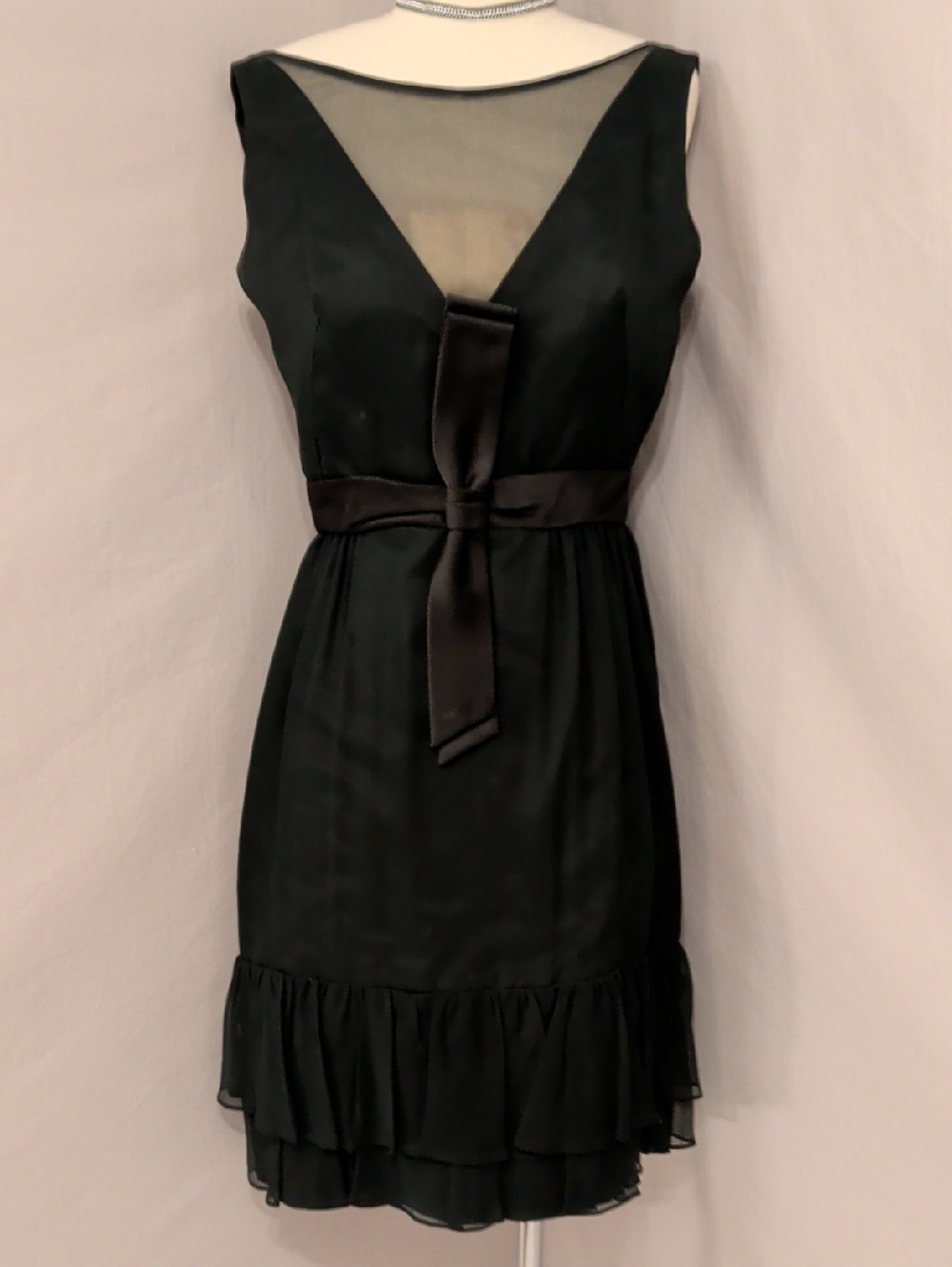 Vintage 60s Party Evening Dress Black Mini w Satin Waist Tie & Chiffon Ruffles